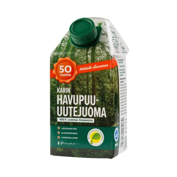 Puhtaasta lähdevedestä sekä nuoren männyn kuoresta ja nilasta taiottua Karin Havupuu-uutejuomaa on valmistettu perinteisellä reseptillä jo vuodesta 1975 lähtien
