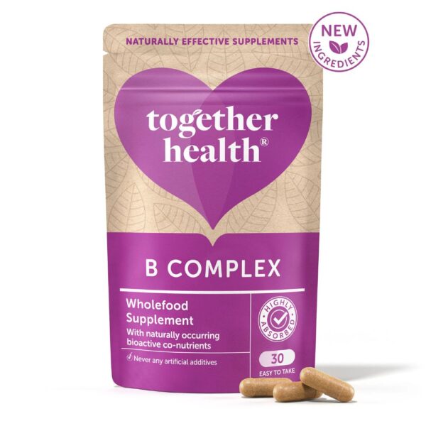 Together B Complex on vegaaninen B-vitamiinivalmiste, joka sisältää kaikki 8 B-vitamiinia sekä C-vitamiinia luonnollisista kasvipohjaisista lähteistä.