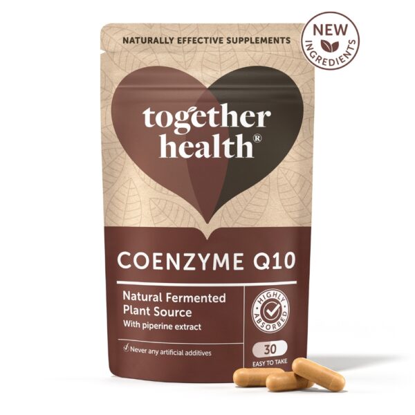 Together Health Ubikinoni Q10 sisältää luonnollisesti fermentoitua, stabiilissa muodossa olevaa koentsyymi Q10:tä. Yksi kapseli sisältää 100 mg ubikinonia.