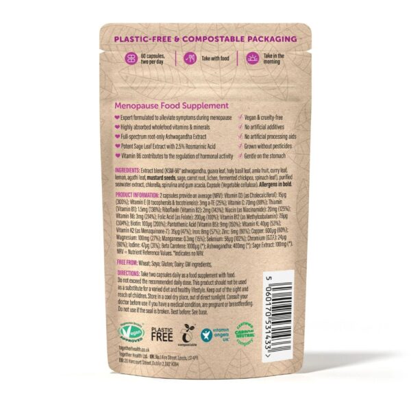 Vegaaninen Together Menopause on vaihdevuosien ajalle kehitetty monivitamiini, joja sisältää myös KSM-66®-ashwagandhaa ja salviauutetta.