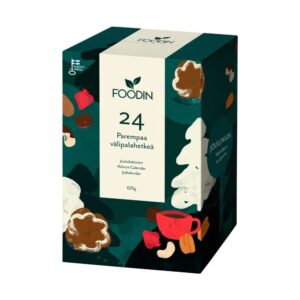 Foodin 24 Parempaa Välipalahetkeä -joulukalenteri sisältää 24 välipalaa ja herkkua, mukana kaksi täysin uutta tuotetta. Valmistettu Suomessa.