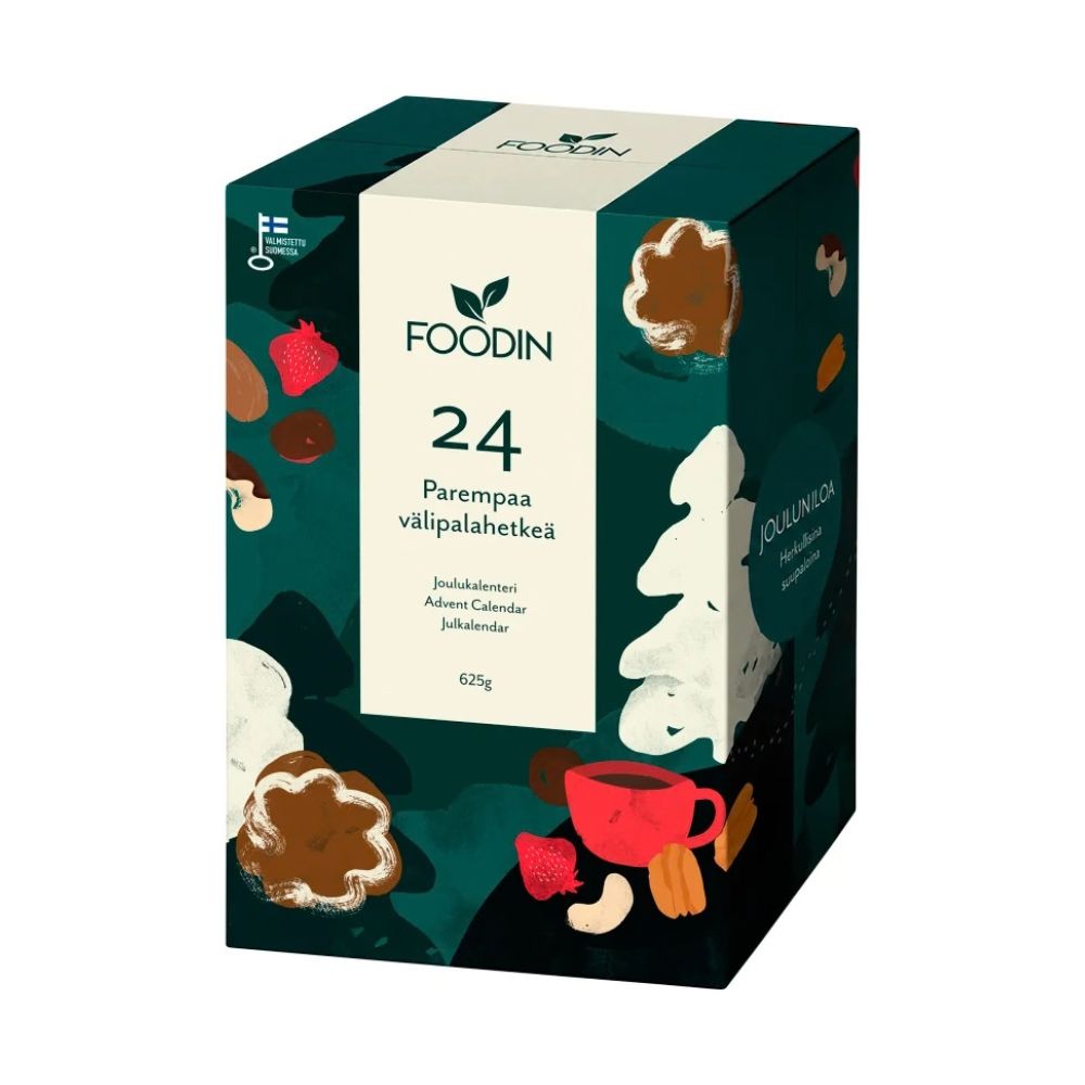 Foodin 24 Parempaa Välipalahetkeä -joulukalenteri sisältää 24 välipalaa ja herkkua, mukana kaksi täysin uutta tuotetta. Valmistettu Suomessa.