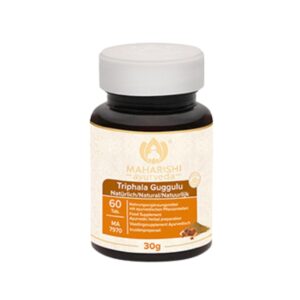 Maharishi Ayurveda Triphala Guggulu on ayurvedinen yrttivalmiste, jossa yhdistyvät triphala, intialaisen mirhamipuun pihka eli guggul sekä pippali.