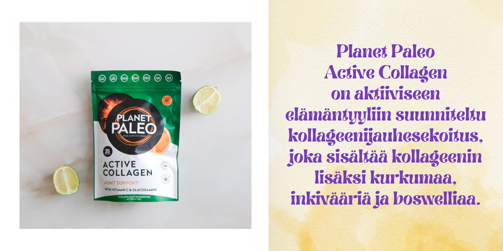 Active Collagen sisältää kurkumaa, inkivääriä ja boswelliaa.