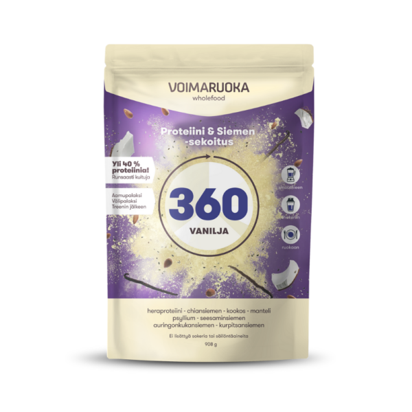 Voimaruoka 360 Vanilja on monipuolinen proteiiniisekoitus, joka sisältää, heraproteiinia sekä siemeniä