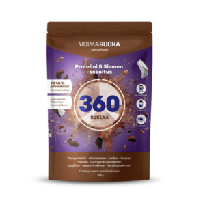 Voimaruoka 360 Suklaa on monipuolinen proteiiniisekoitus, joka sisältää, heraproteiinia sekä siemeniä