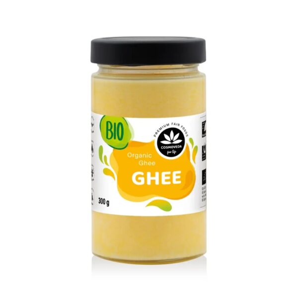 Cosmovedan korkealaatuinen luomu ghee rikastuttaa ruoanlaittoa! Monikäyttöinen ayurvedinen suosikki.