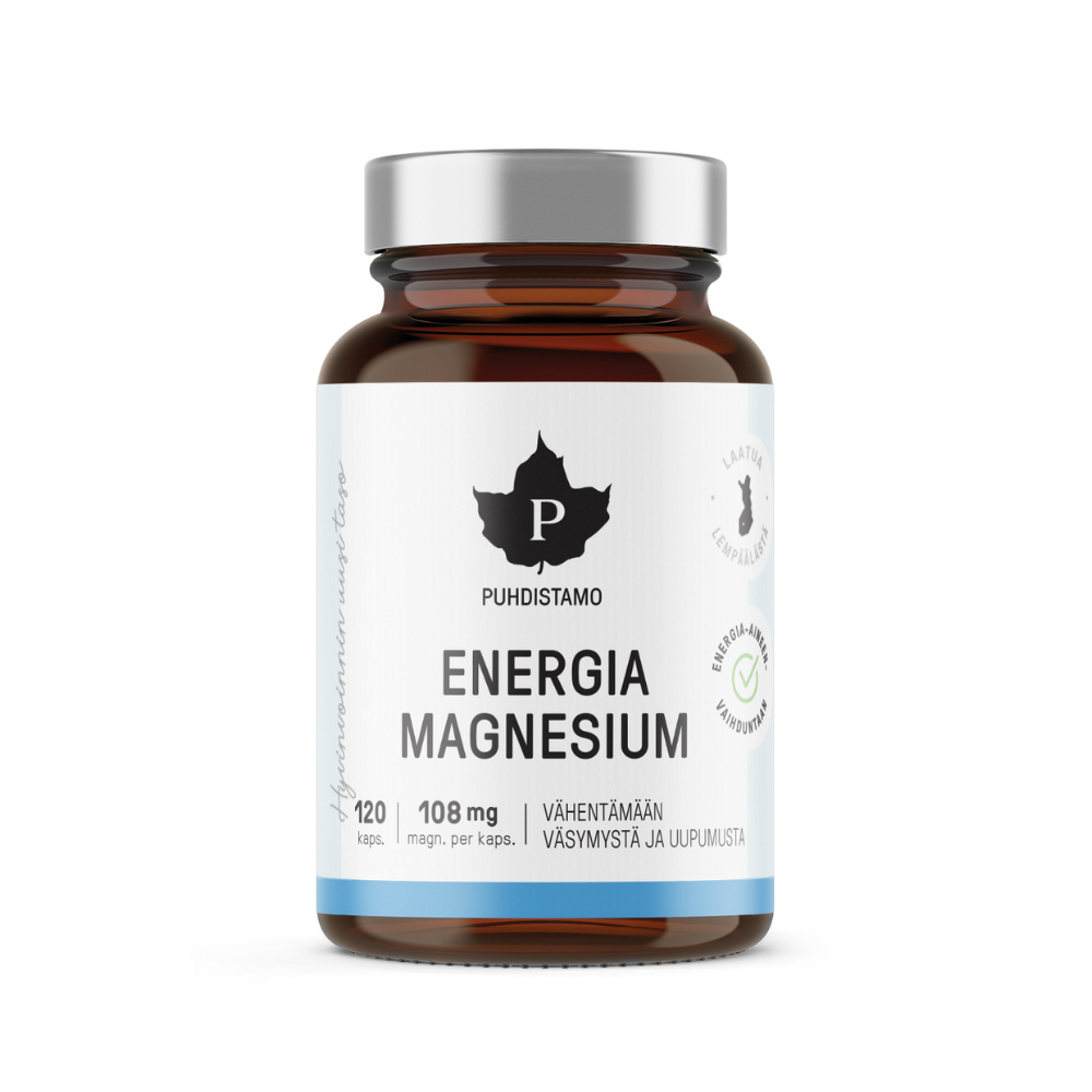 Puhdistamon Energia Magnesium tarjoaa tehokkaan yhdistelmän korkealaatuista magnesiummalaattia, asetyyli-L-karnitiinia ja trans-resveratrolia.
