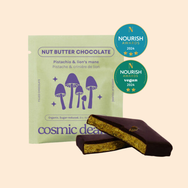 Cosmic Dealer vegaaninen suklaaherkku joka sisältää Lion's Mane -sientä ja pistaasipähkinöitä