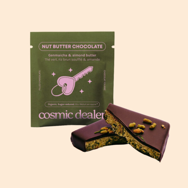 Cosmic Dealer vegaaninen suklaa vihreällä teellä ja rapealla tummalla riisillä
