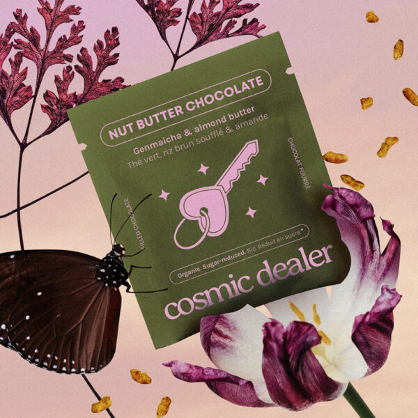 Cosmic Dealer vegaaninen suklaa vihreällä teellä ja rapealla tummalla riisillä