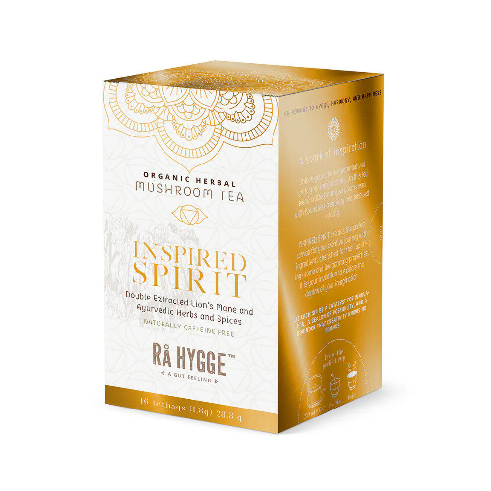 Rå Hyggen Inspired Spirit -tee on inspiroiva, luovuutta herättelevä tee-elämys. Sisältää Lion's mane -sieniuutetta ja ayurvedisia mausteita.