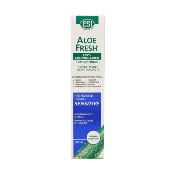 Herkän suun tarpeisiin kehitetty ESI Aloe Fresh Sensitive on fluoriton, SLS-vapaa hammasgeeli, joka puhdistaa hellävaraisesti mutta tehokkaasti.