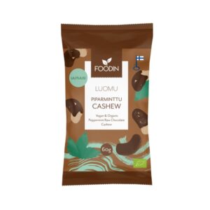 Foodinin piparminttusuklaacashew yhdistää pehmeän cashewpähkinän, täyteläisen raakasuklaan ja pirteän piparmintun.
