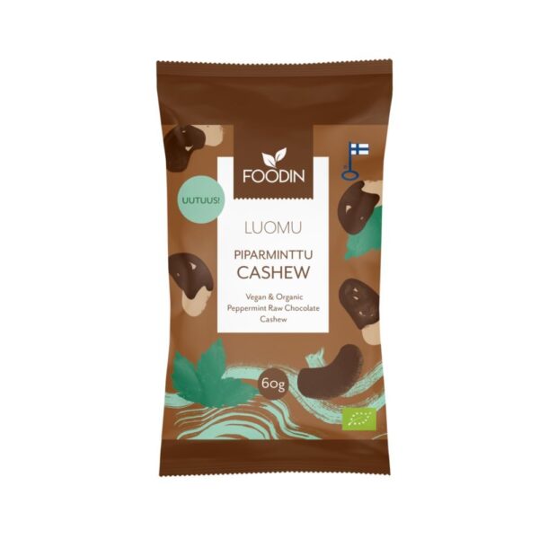 Foodinin piparminttusuklaacashew yhdistää pehmeän cashewpähkinän, täyteläisen raakasuklaan ja pirteän piparmintun.