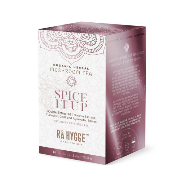 Rå Hyggen Spice It Up -tee on lämmittävän mausteinen tee-elämys. Sisältää Tremella -sieniuutetta ja ayurvedisia mausteita.