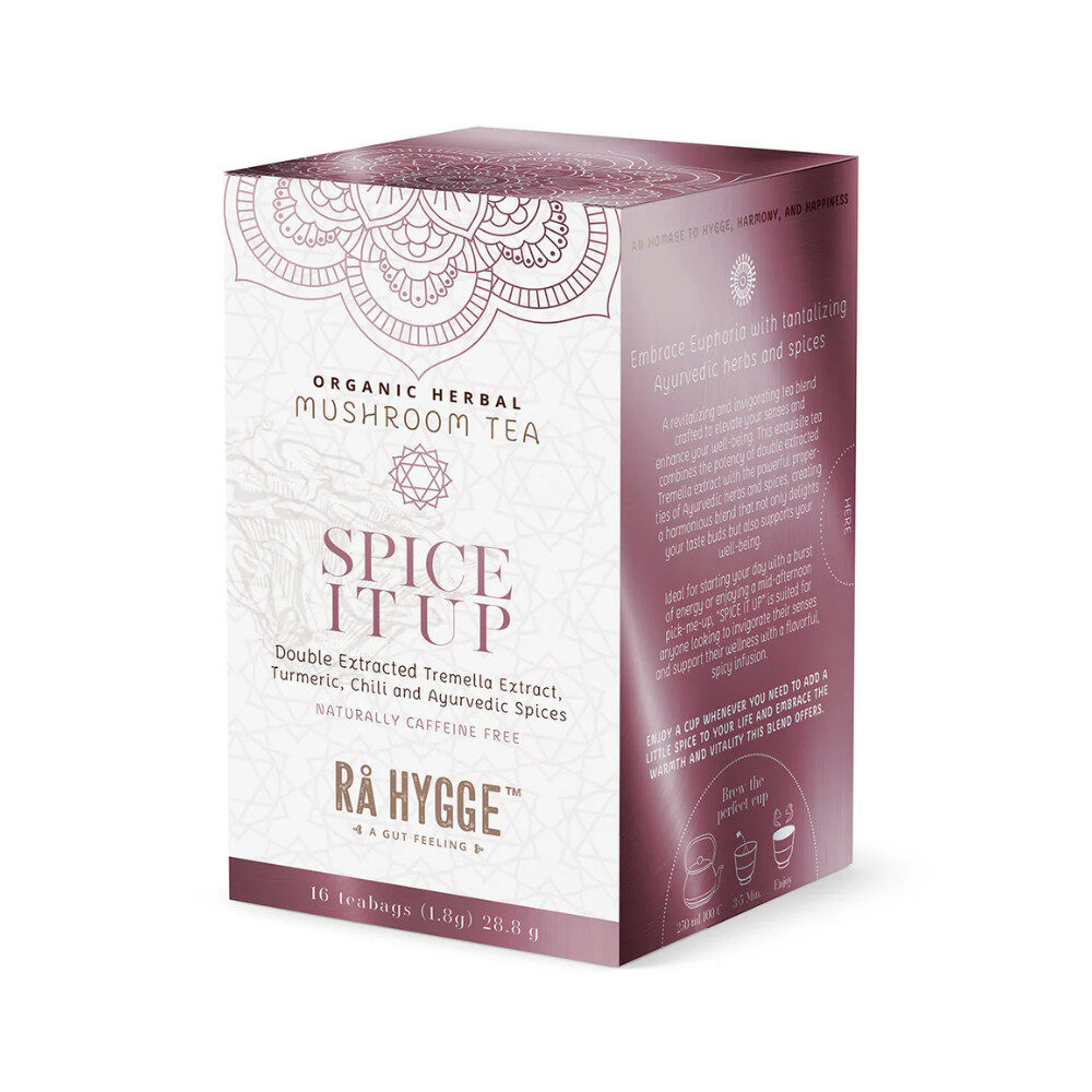 Rå Hyggen Spice It Up -tee on lämmittävän mausteinen tee-elämys. Sisältää Tremella -sieniuutetta ja ayurvedisia mausteita.
