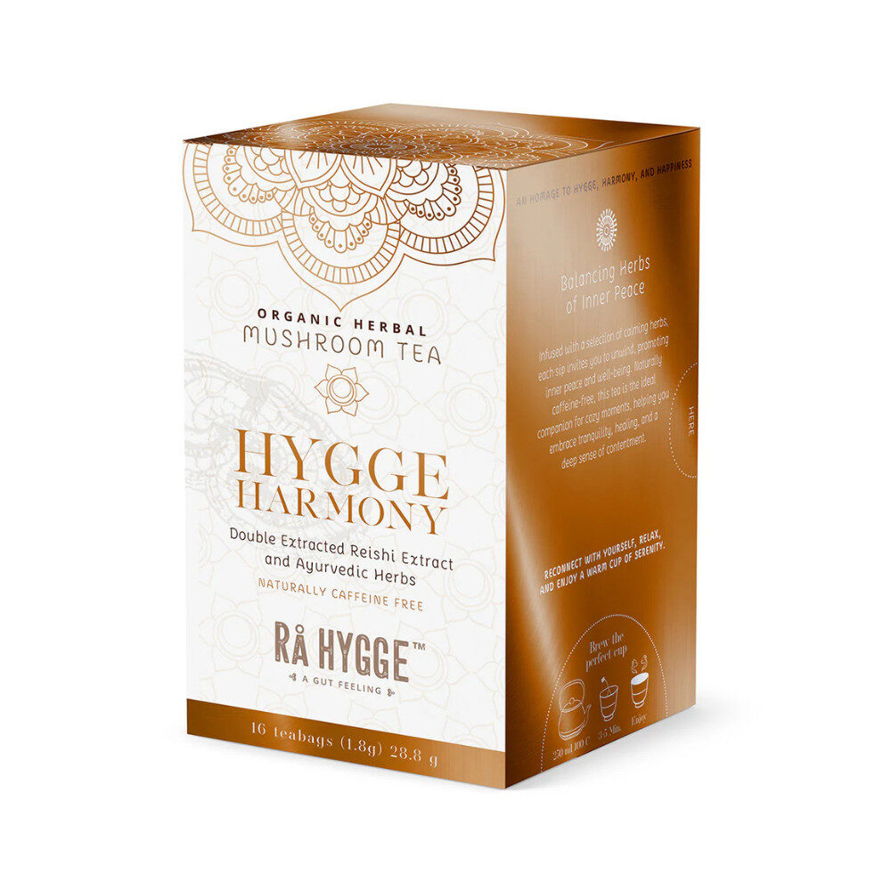 Rå Hyggen Harmony -tee auttaa rentoutumaan. Sisältää reishi-sieniuutetta, tulsia, kamomillaa ja sitruunamelissaa. Luomua.