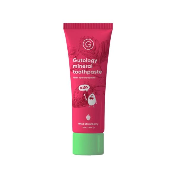 Gutology Kids on fluoriton lasten hammastahna hydroksiapatiitilla. Miellyttävä mansikan maku!