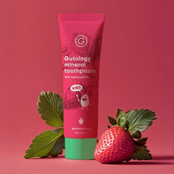 Gutology Kids on fluoriton lasten hammastahna hydroksiapatiitilla. Miellyttävä mansikan maku!