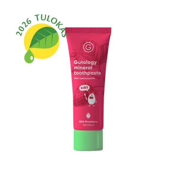 Gutology Kids on fluoriton lasten hammastahna hydroksiapatiitilla. Miellyttävä mansikan maku!