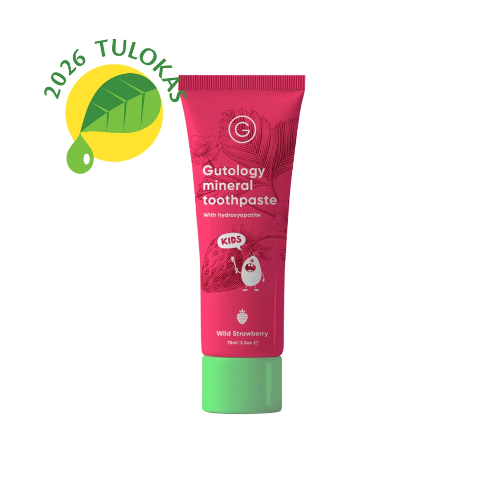 Gutology Kids on fluoriton lasten hammastahna hydroksiapatiitilla. Miellyttävä mansikan maku!