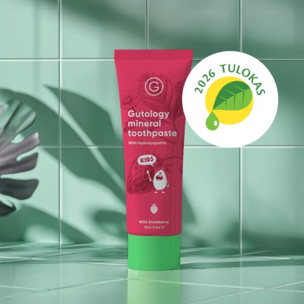 Gutology Kids on fluoriton lasten hammastahna hydroksiapatiitilla. Miellyttävä mansikan maku!
