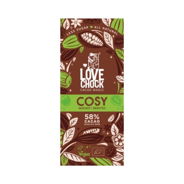 Lovechock Cosy on herkullinen, vegaaninen hasselpähkinäsuklaa. Luonnollinen ja luomulaatuinen.