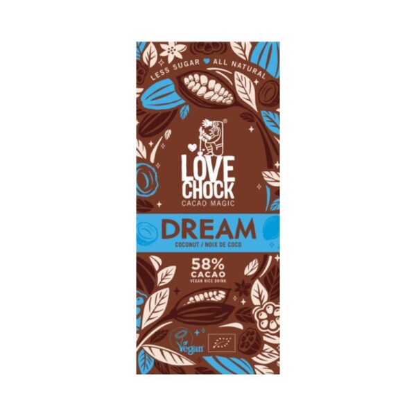 Lovechock Dream on herkullinen, vegaaninen kookossuklaa. Luonnollinen ja luomulaatuinen.