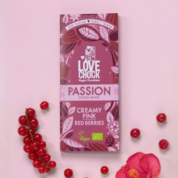 Lovechock Passion on herkullinen, marjaisan makuinen vegaaninen valkosuklaa. Luonnollinen, luomulaatuinen ja vegaaninen.