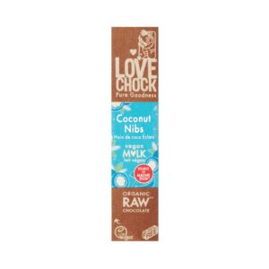Lovechock Coconut Nibs on vegaaninen raakasuklaapatukka kookoksella ja kaakaonibseillä