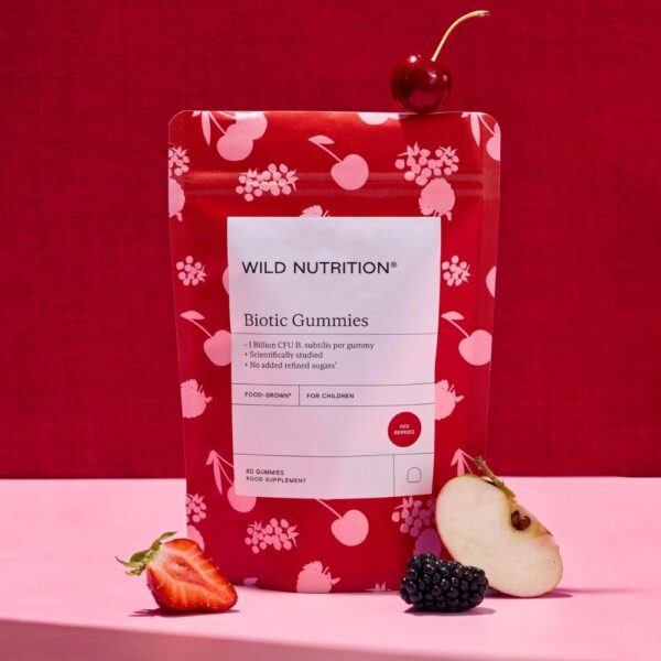 Wild Nutritionin Biotic Gummies on marjaisa pureskeltava maitohappobakteerivalmiste lapsille.