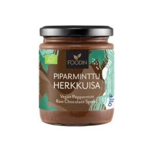 Foodin Piparminttu Herkkuisa on joulun sesonkimaku, jossa täyteläinen hasselpähkinä-raakasuklaalevite kohtaa raikkaan piparmintun. Vegaaninen ja luomu.