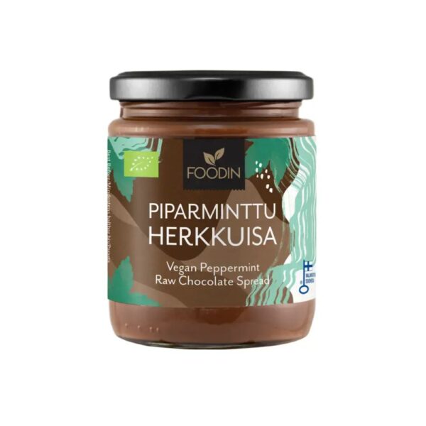 Foodin Piparminttu Herkkuisa on joulun sesonkimaku, jossa täyteläinen hasselpähkinä-raakasuklaalevite kohtaa raikkaan piparmintun. Vegaaninen ja luomu.