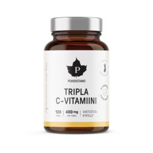 Puhdistamon Tripla C-vitamiini on vahva C-vitamiinivalmiste, joka sisältää kolmea tehokkaasti imeytyvää C-vitamiinin muotoa.