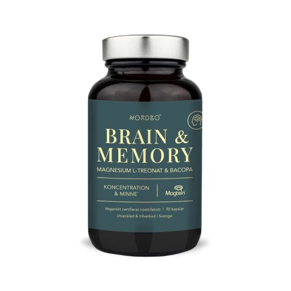 Nordbo Brain & Memory Magnesium on suunniteltu muistin ja keskittymiskyvyn tueksi. Sisältää magnesium L-treonaattia, brahmia ja magnesiumbisglysinaattia.