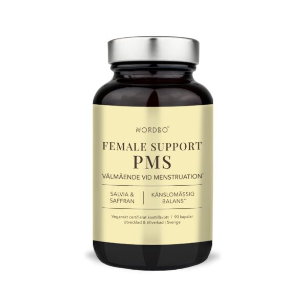Nordbo Female Support PMS on kehitetty kuukautiskierron aikaiseen hyvinvointiin. Sisältää 10 aktiivista ainesosaa, kuten sahramia, salviaa ja puna-apilaa.