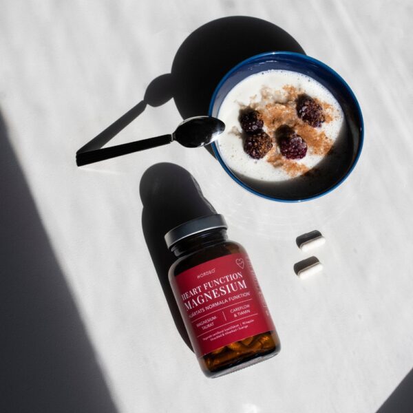 Nordbo Heart Function Magnesium sisältää yhdistelmän magnesiumtauraattia, CareFlow®-mangouutetta ja tiamiinia. Kehitetty sydämen normaalille toiminnalle.