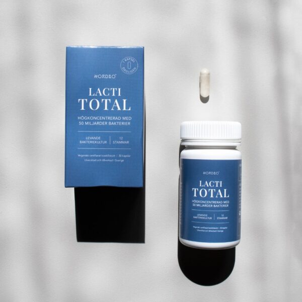 Nordbo LactiTotal on vahva vegaaninen maitohappobakteerivalmiste, jossa on 50 miljardia elävää bakteeria 12 kannasta.