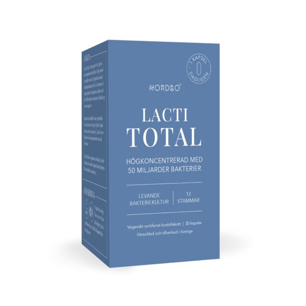 Nordbo LactiTotal on vahva vegaaninen maitohappobakteerivalmiste, jossa on 50 miljardia elävää bakteeria 12 kannasta.