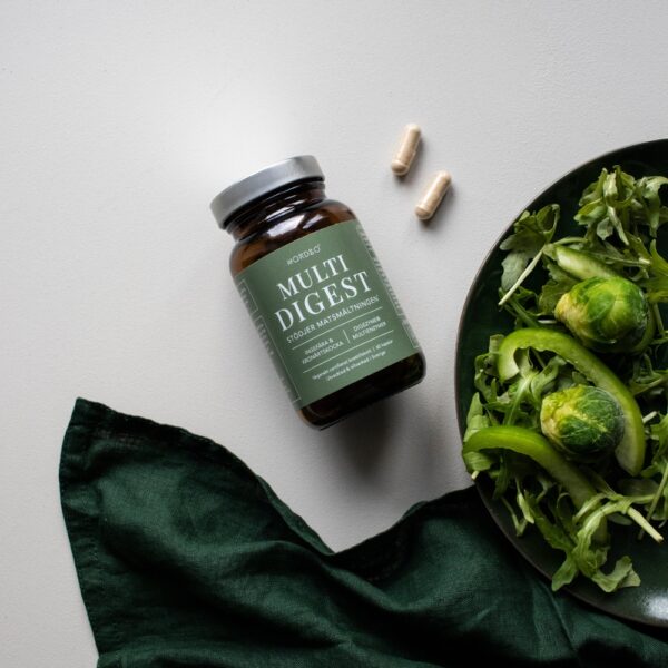 Nordbo Multi Digest on monipuolinen ruoansulatusentsyymivalmiste, joka on suunniteltu nautittavaksi tarvittaessa tai aterioiden yhteydessä. Vegaaninen valmiste.