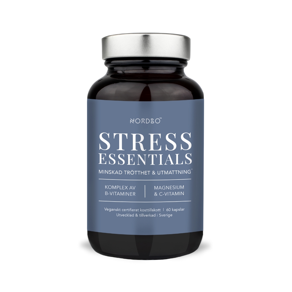 Nordbo Stress Essentials yhdistää B-vitamiinikompleksin, happoneutraalin C-vitamiinin sekä magnesiumbisglysinaatin.