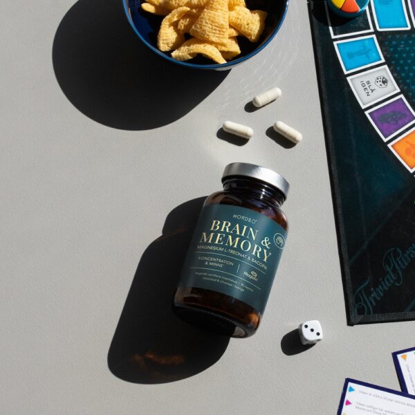 Nordbo Brain & Memory Magnesium on suunniteltu muistin ja keskittymiskyvyn tueksi. Sisältää magnesium L-treonaattia, brahmia ja magnesiumbisglysinaattia.