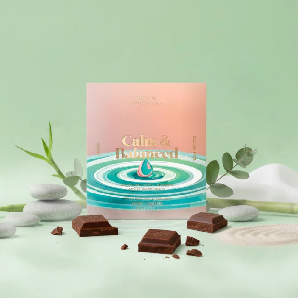 Goodio Calm & Balanced funktionaalinen luomusuklaa kutsuu palaamaan omaan rytmiin. Sisältää Lion's manea ja ashwagandhaa. Vegaaninen ja gluteeniton suklaa.