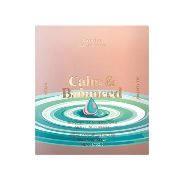 Goodio Calm & Balanced funktionaalinen luomusuklaa kutsuu palaamaan omaan rytmiin. Sisältää Lion's manea ja ashwagandhaa. Vegaaninen ja gluteeniton suklaa.