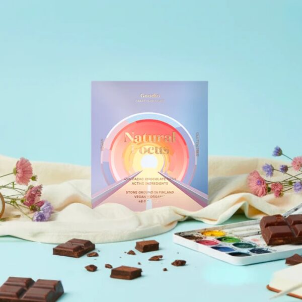 Goodio Natural Focus funktionaalinen luomusuklaa tuo fokusta ja kirkkautta arkeen. Sisältää Lion's manea ja ruusujuurta. Vegaaninen ja gluteeniton.