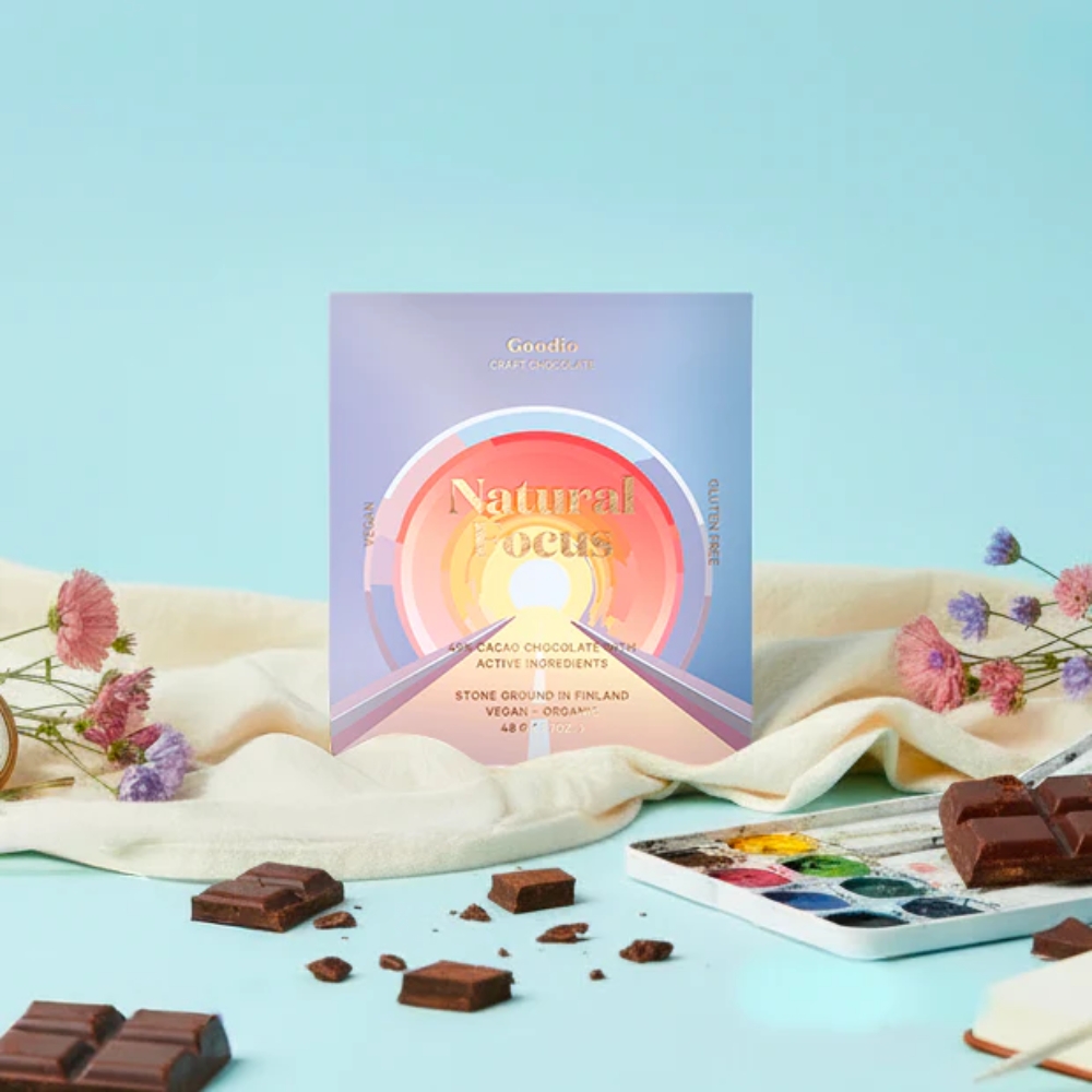 Goodio Natural Focus funktionaalinen luomusuklaa tuo fokusta ja kirkkautta arkeen. Sisältää Lion's manea ja ruusujuurta. Vegaaninen ja gluteeniton.