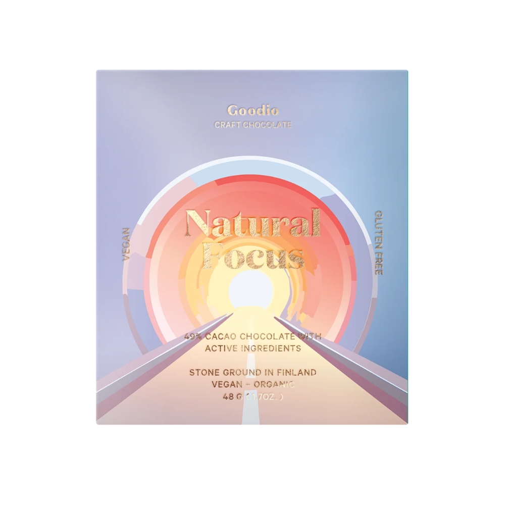Goodio Natural Focus funktionaalinen luomusuklaa tuo fokusta ja kirkkautta arkeen. Sisältää Lion's manea ja ruusujuurta. Vegaaninen ja gluteeniton.