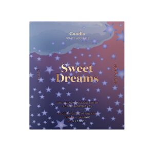 Goodio Sweet Dreams funktionaalinen luomusuklaa iltahetkiin. Sisältää kamomillaa, valeriaana ja reishiä. Vegaaninen ja gluteeniton suklaaelämys.