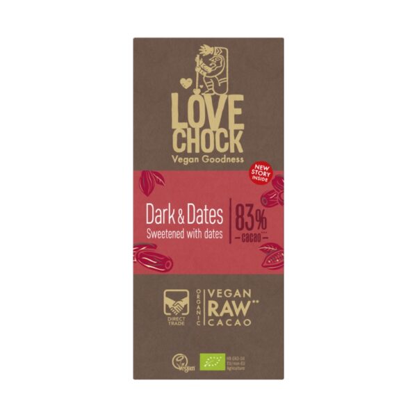 Lovechock Dark & Dates on vegaaninen tumma raakasuklaa, joka on makeutettu ainoastaan taateleilla.